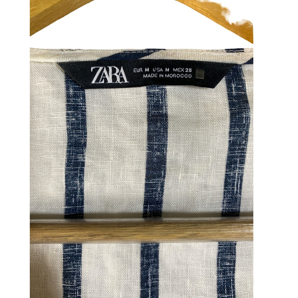 Zara Womens Navy Blue White Striped Linen Wrap Crop Top Gold Button Size Medium - Picture 3 of 10